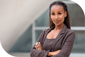 Professional in front of an office building
