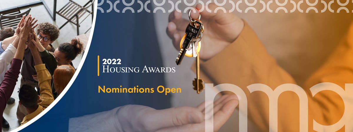 2022 Housing Awards: Nominations Open; image of high-fiving coworkers and closeup of housekeys