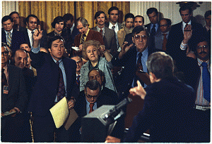 Nixon fields questions at a press conference, 1973