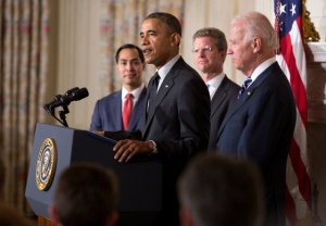 President Barack Obama, with Vice President Joe Biden, delivers remarks announcing his intent to nominate Housing and Urban Development Secretary Shaun Donovan as Office of Management and Budget Director and San Antonio Mayor Julián Castro to replace him, in the State Dining Room of the White House, May 23, 2014. (Official White House Photo by Pete Souza)